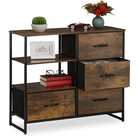 Relaxdays – Commode industrielle 4 tiroirs – Dimensions 71,5 x 84 x 32,5 cm – Métal noir et aspect bois marron – Rangement pour salon ou chambre