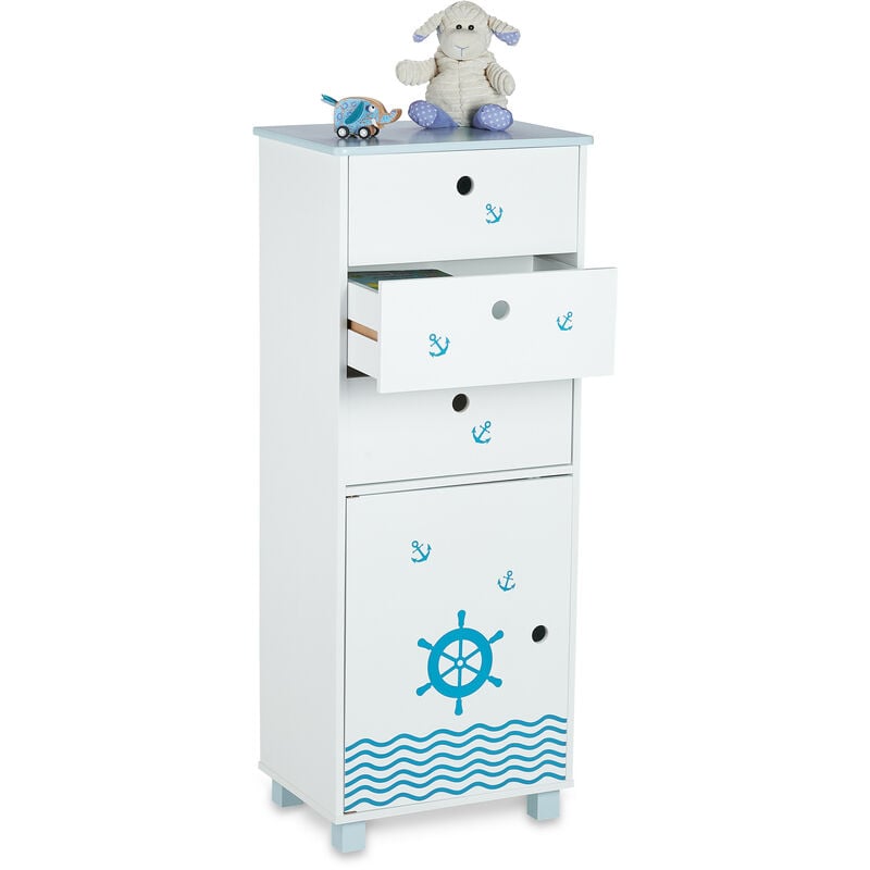 Commode pour enfants, design maritime, 3 tiroirs et 1 placard, étagère chambre, HLP 105x42x30 cm, blanc-bleu - Relaxdays