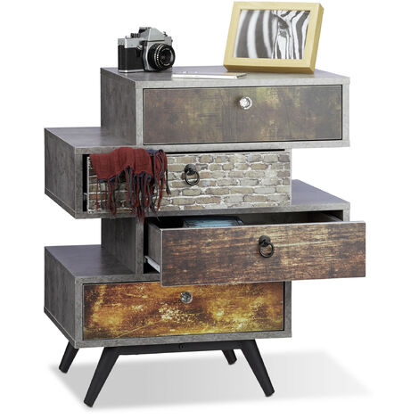 Relaxdays Commode vintage avec 4 tiroirs décalés étagère meuble rangement lowboard HxlxP: 68 x 60 x 40 cm, gris