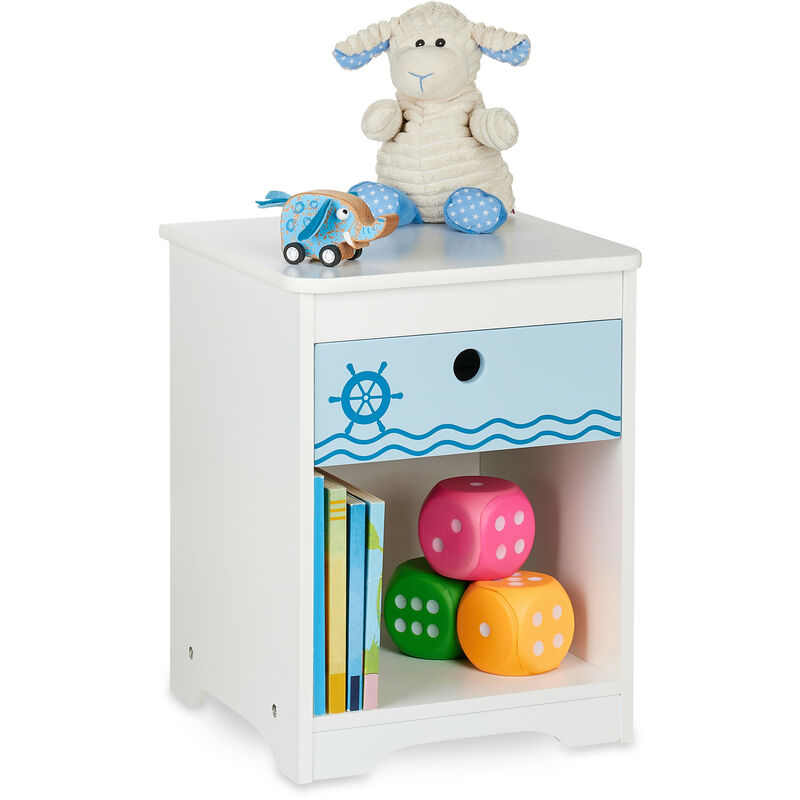 Relaxdays Comodino da Letto per Bambini, Design Mare, Cassetto e Scomparto, HLP 41x32x31 cm, Cameretta Bimbi, Bianco Blu