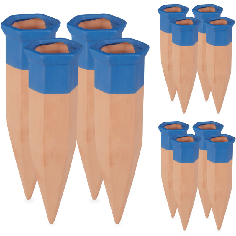 Cône en argile d'arrosage, lot de 12, accessoire d'arrosage plantes, Bouteilles d'1,5 l, 19 cm, terre cuite/bleu