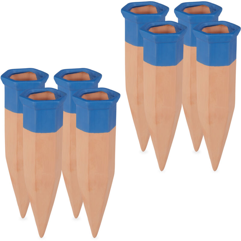 Cône en argile d'arrosage, lot de 8, accessoire d'arrosage plantes, Bouteilles d'1,5 l, 19 cm, terre cuite/bleu