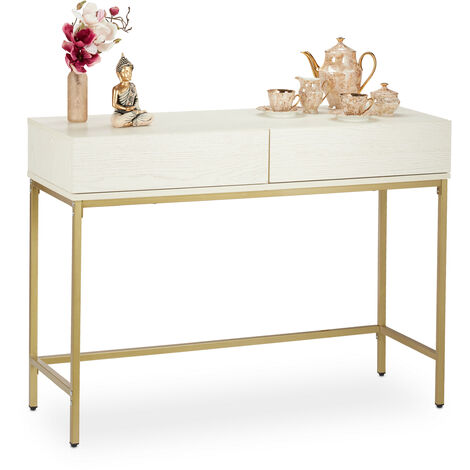 Relaxdays Consola Recibidor, 2 Cajones, Sideboard, Mesita Pasillo, Salón, Madera y Metal, 80x110x40 cm, Blanco y Dorado