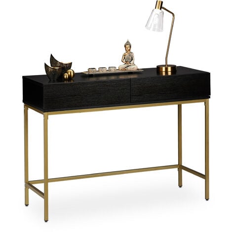 Relaxdays Console Table, 2 Drawers, Wood Optic, H x W x D: 80 x 110 x 40 cm, Black/Gold
