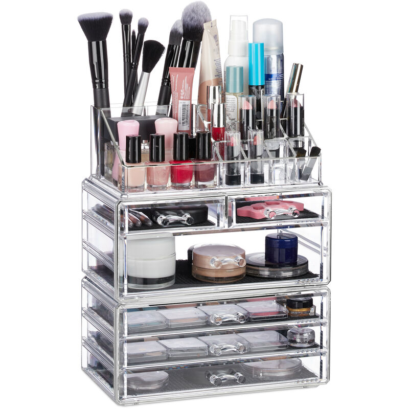 Contenitore Per Cosmetici Con 6 Cassetti, 22 Scomparti, Make Up Organizer, Box Porta-Trucchi, Acrilico, trasparente - Relaxdays