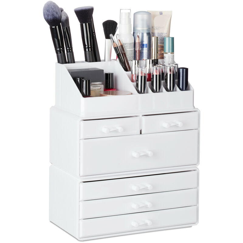 Image of Contenitore per Cosmetici a 6 Cassetti, 22 Scomparti, Make Up Organizer, Porta-Trucchi, Acrilico, Bianco - Relaxdays