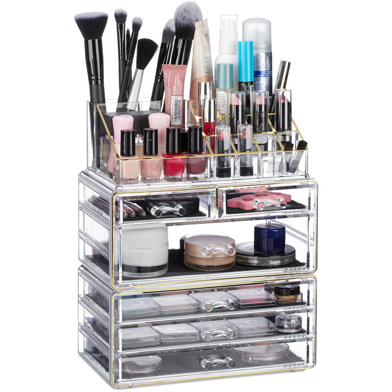 Image of Contenitore per Cosmetici a 6 Cassetti, 22 Scomparti, Make Up Organizer, Porta-Trucchi, Acrilico, Oro - Relaxdays