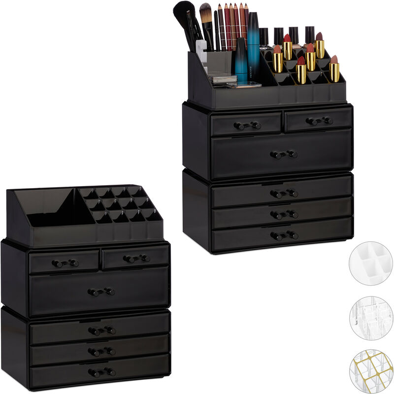 Image of 2x Contenitore per Cosmetici a 6 Cassetti, 22 Scomparti, Make Up Organizer, Porta-Trucchi, Acrilico, Nero