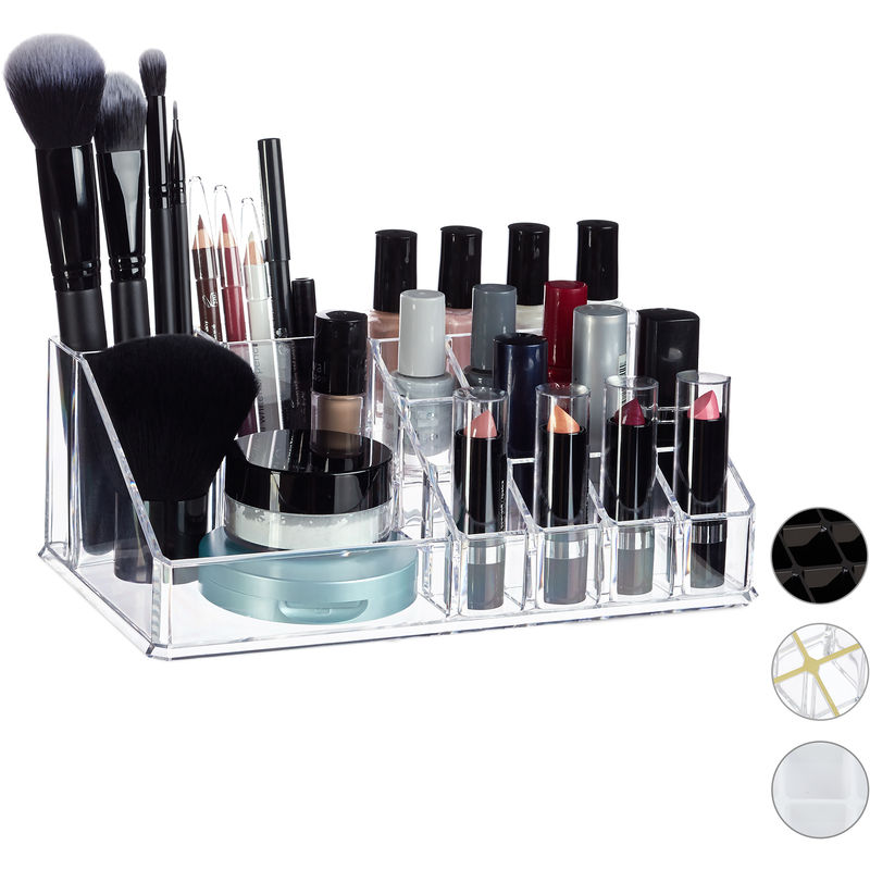 Image of Contenitore Porta-Trucchi In Acrilico, Make-Up Organizer Con 16 Scomparti Per Cosmetici, Rossetti, Trasparente - Relaxdays