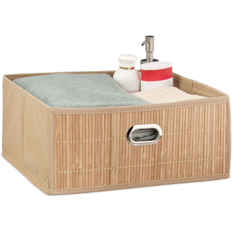 Bamboo Storage Basket, Bathroom & Bedroom Organiser, Square, Low Box, Hxwxd 14 X 31 X 31 Cm, Folding, Natural - Relaxdays
