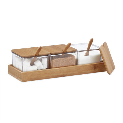Relaxdays Contenitori per Spezie, Set da 3, Barattoli in Plastica, Coperchio, Cucchiaini e Vassoio in Bambù, Trasparente
