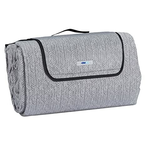 Relaxdays Coperta da Picnic XXL Grigio Isolante 80% Poliestere Alluminio 10% gommapiuma Plaid Impermeabile da Spiaggia Telo Morbido con Manico 200 x 300 cm 