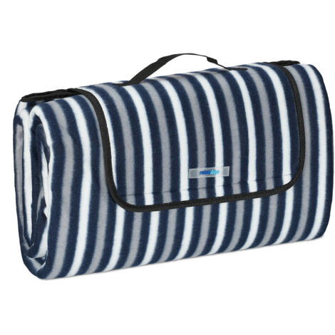 Relaxdays Coperta da Picnic XXL, 200x200 cm, Plaid Impermeabile, Spiaggia, Isolante, Telo con Manico, Blu/Grigio/Bianco