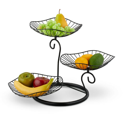 Relaxdays Corbeille à fruits, 3 niveaux, design floral, convient aux légumes et pâtisseries, HLP : 34x49x31,5 cm, noire