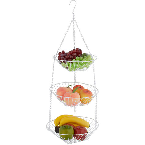 Relaxdays Corbeille à fruits et légumes, HxD : 73 x 28 cm, 3 niveaux, acier, panier rond pour fruit, compotier, blanc