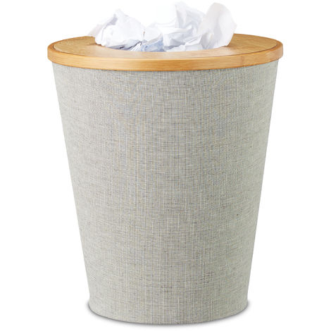   Corbeille à papier en bambou poubelle ronde seau intérieur plastique couvercle bureau 35 cm, nature, gris