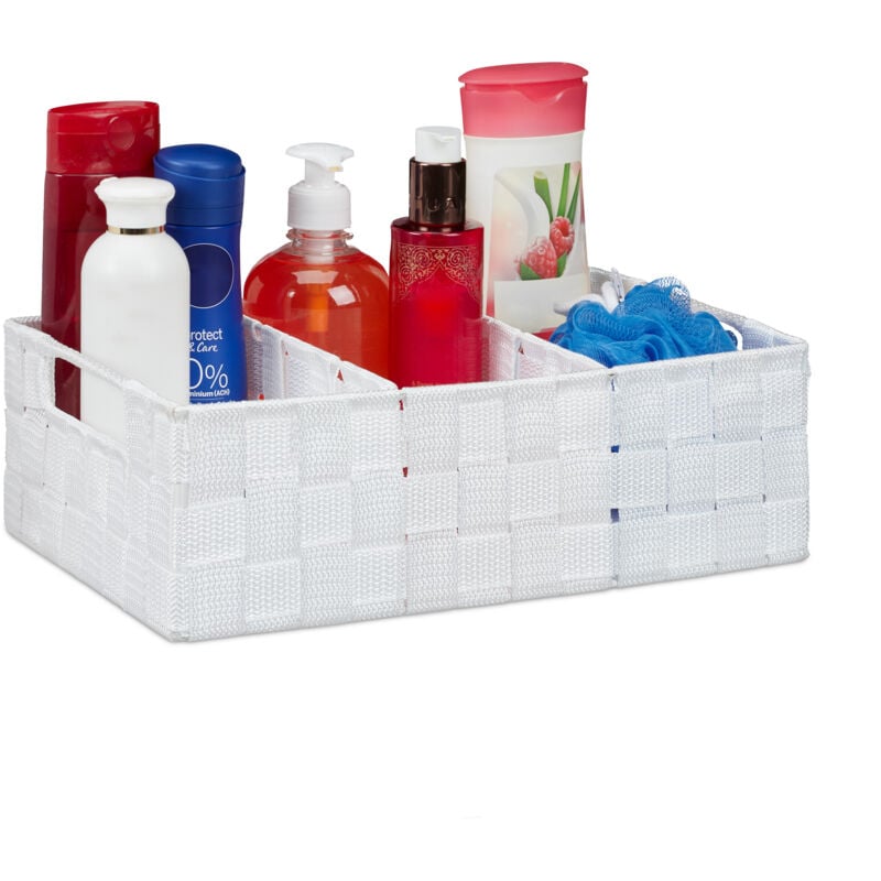 Corbeille de rangement avec compartiments, stockage cosmétique, salle de bain, poignées, 10x32x21 cm, blanc - Relaxdays