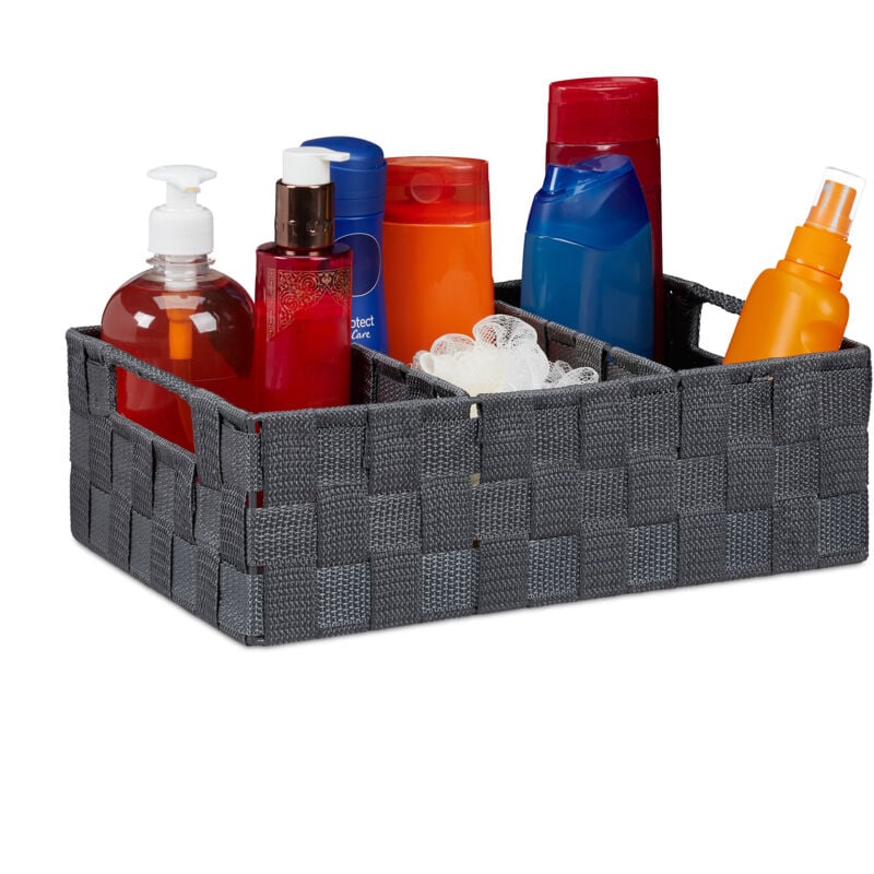 Corbeille de rangement avec compartiments, stockage cosmétique, salle de bain, poignées, 10x32x21 cm, gris - Relaxdays