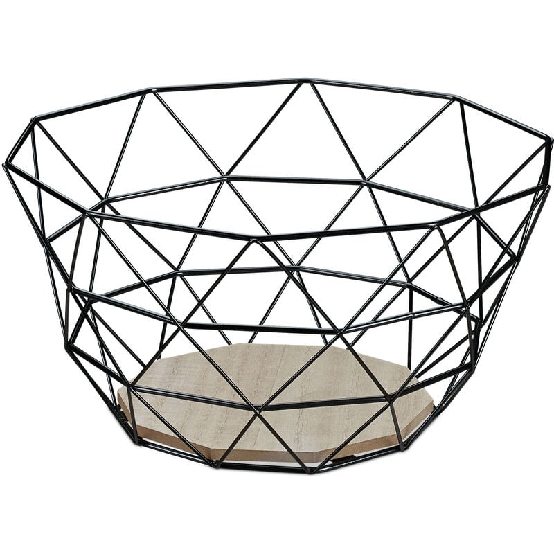 Corbeille à fruits, panier décoratif, légumes, fer & bois, design industriel, HxLxP : 14,5x28x28 cm, noir - Relaxdays