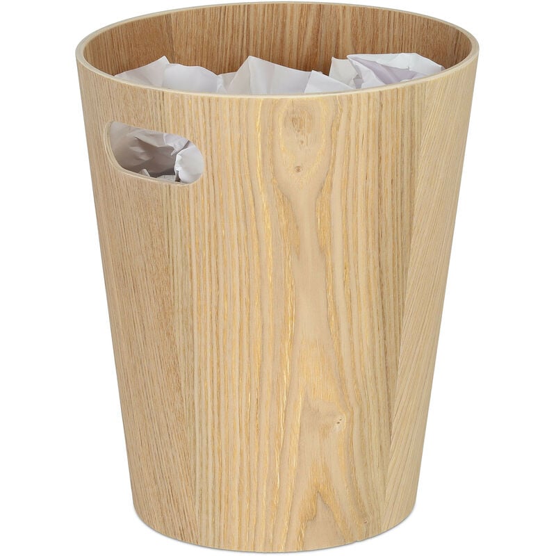 Corbeille à papiers en bois, avec des poignées, sans couvercle, 28 x 23 cm, 7,5 l, bureau et chambres, nature - Relaxdays