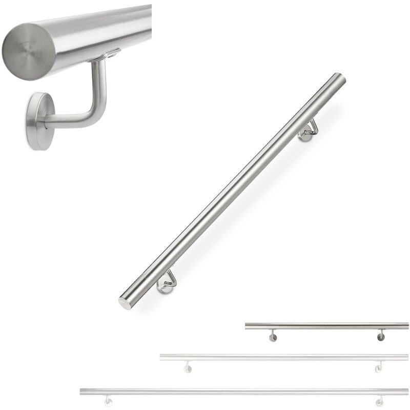 Relaxdays - Handrail, Stair Rail, Indoor & Outdoor, Round, ø 42 mm, Stainless Steel, with Bracket, 100 cm, Silver