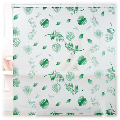 Relaxdays cortina enrollable para ducha 160 x 240 cm hojas, cordón, repelente al agua, techo/ventana, blanco/verde