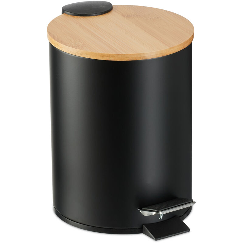 Relaxdays - Step Pedal Bin, 3 Litre, Soft-close Bamboo Lid, Removable Inside, Bathroom Cosmetic Waste, Metal, Black