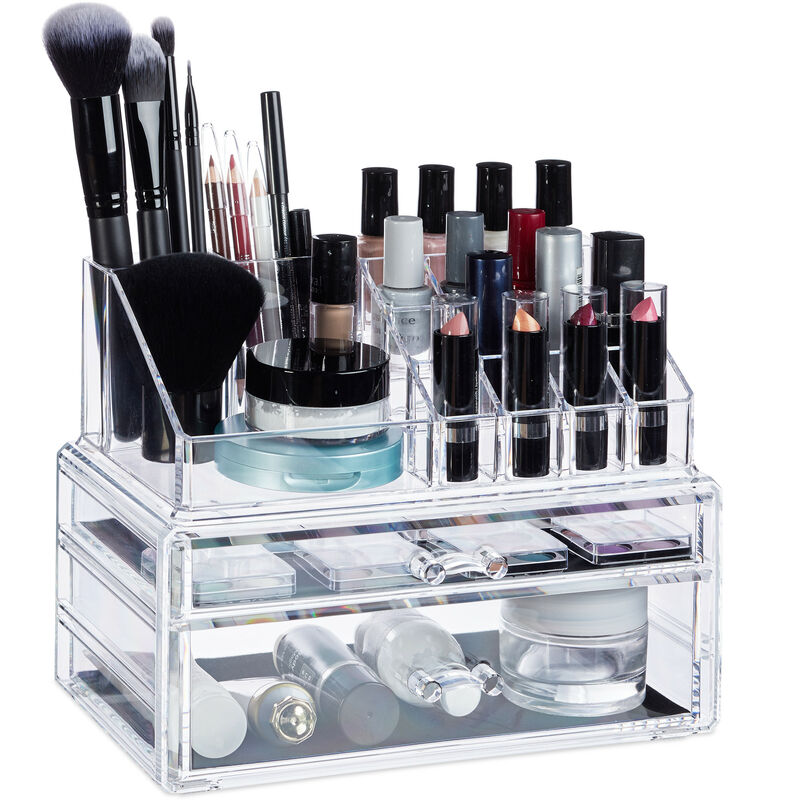 Relaxdays - Cosmetic Organiser with 2 Drawers, Makeup Kit for Lipstick, Nail Polish, Acrylic Jewellery Stand, Transparent