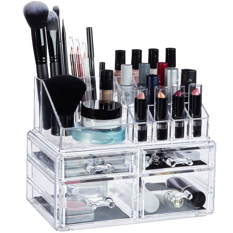 Relaxdays Cosmetic Organiser with 4 Drawers, Makeup Kit for Lipstick, Nail Polish, Acrylic Jewellery Stand, Transparent
