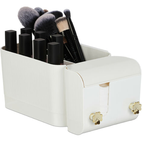 Relaxdays Cosmetics Organiser, 4 Compartments & 2 Hooks, for Cotton Buds, Adhesive Wall-Mounting, Plastic, White/Gold
