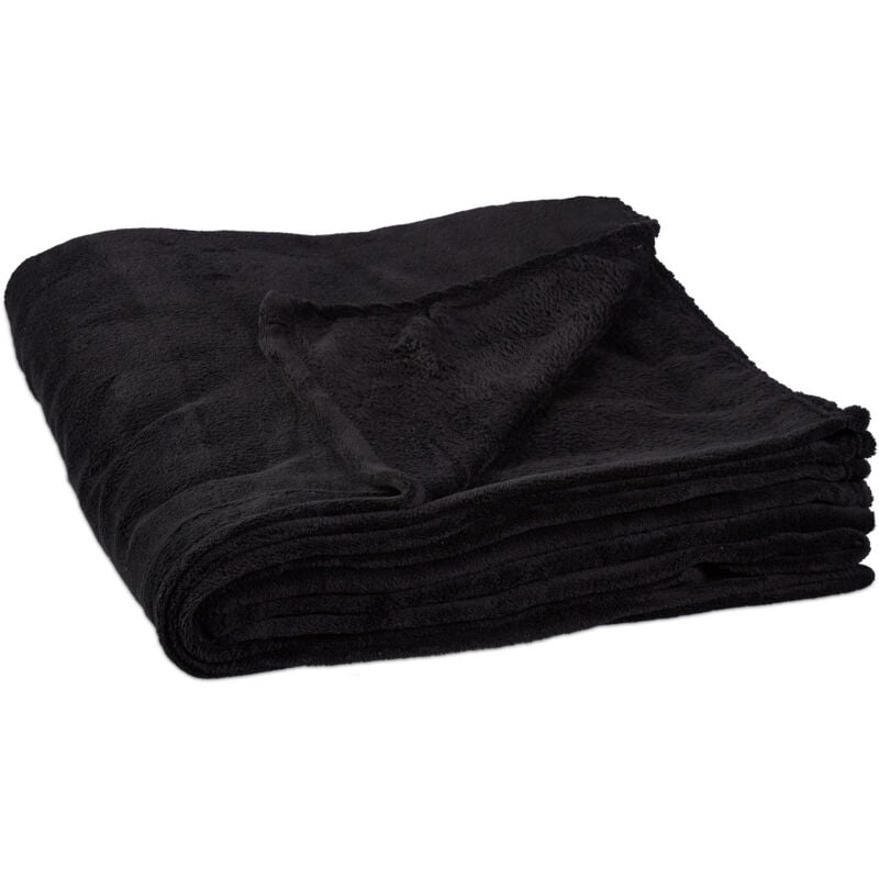2x Couvertures, polaire, grande taille, douce, plaid, jetée de lit, douillet 220x200 cm, lavable à 30°C, polyester, noir