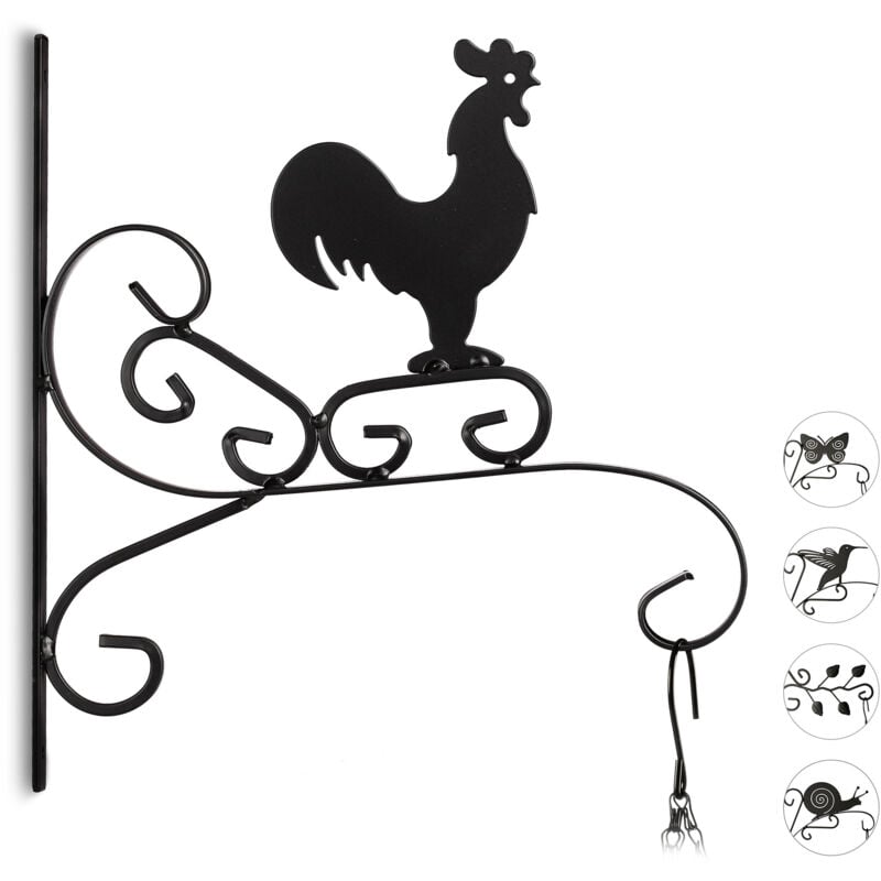 Relaxdays - Crochet mural pour plantes, lot de 3, motif coq, suspensions pot de fleurs, métal, déco de jardin, hlp 30x28x2 cm, noir