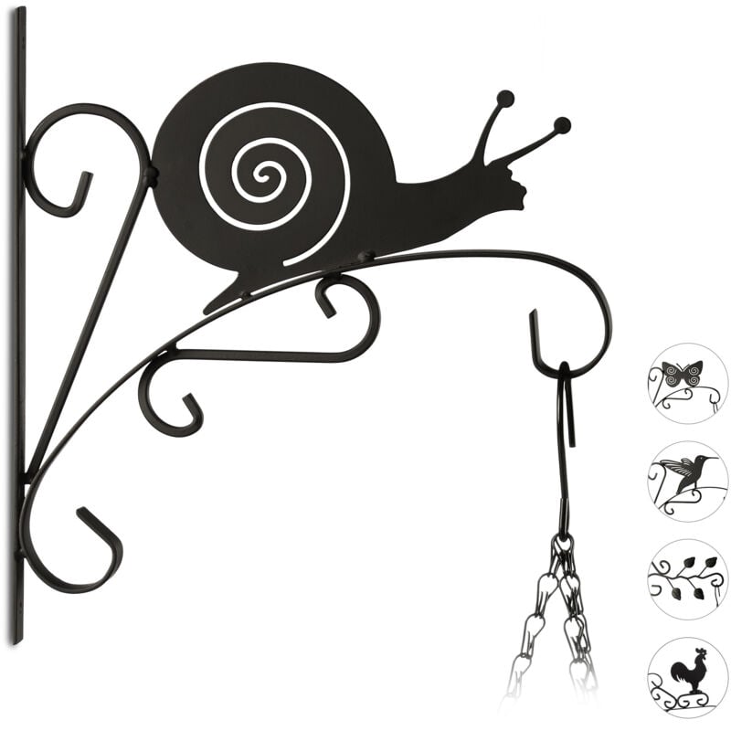 Relaxdays - 3x crochets à fleurs escargots, support mural, déco jardin métal, h x l x p : 30 x 28 x 2 cm, noir