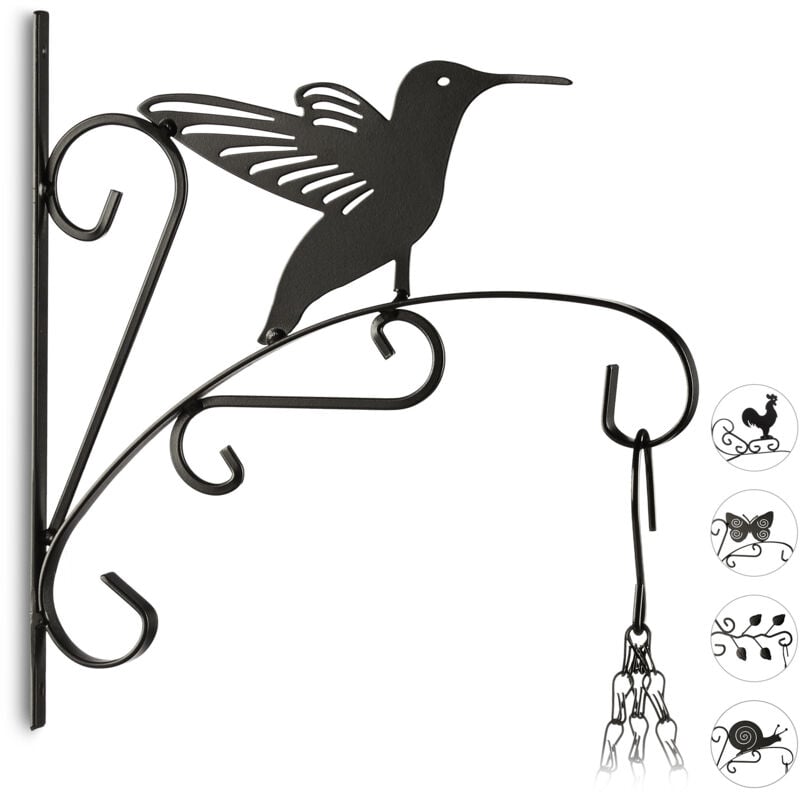 Relaxdays - 3x crochets à fleurs motif oiseau, support mural, crochet métal, déco jardin, h x l x p : 30 x 27,5 x 2cm, noir