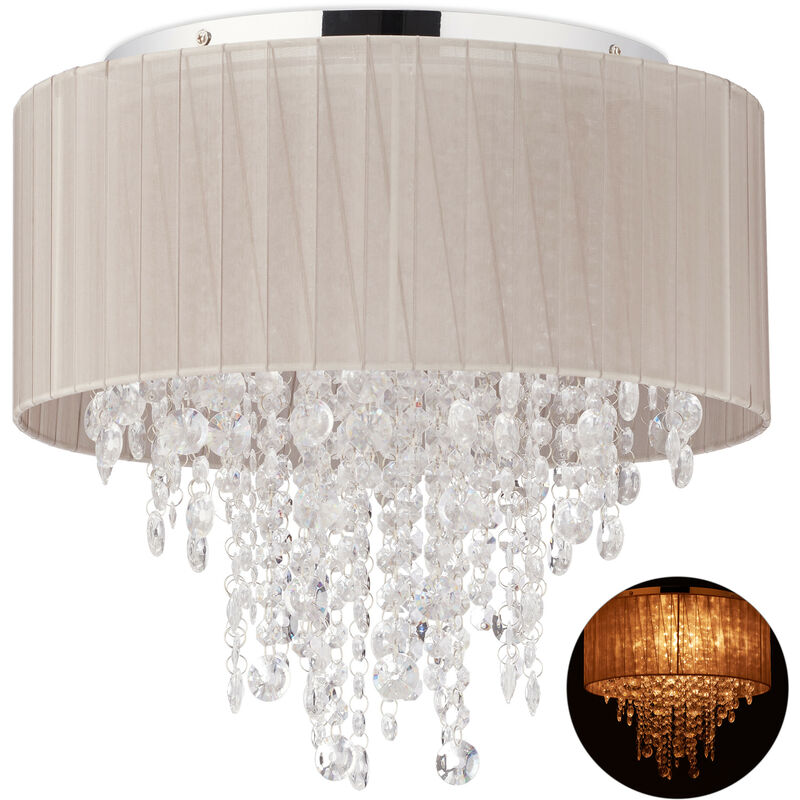 Relaxdays Crystal Chandelier, Organza Ceiling Lamp, G9 Socket, 5 Bulbs, Hanging Light, 39 x 39.5 cm, Grey/ Silver