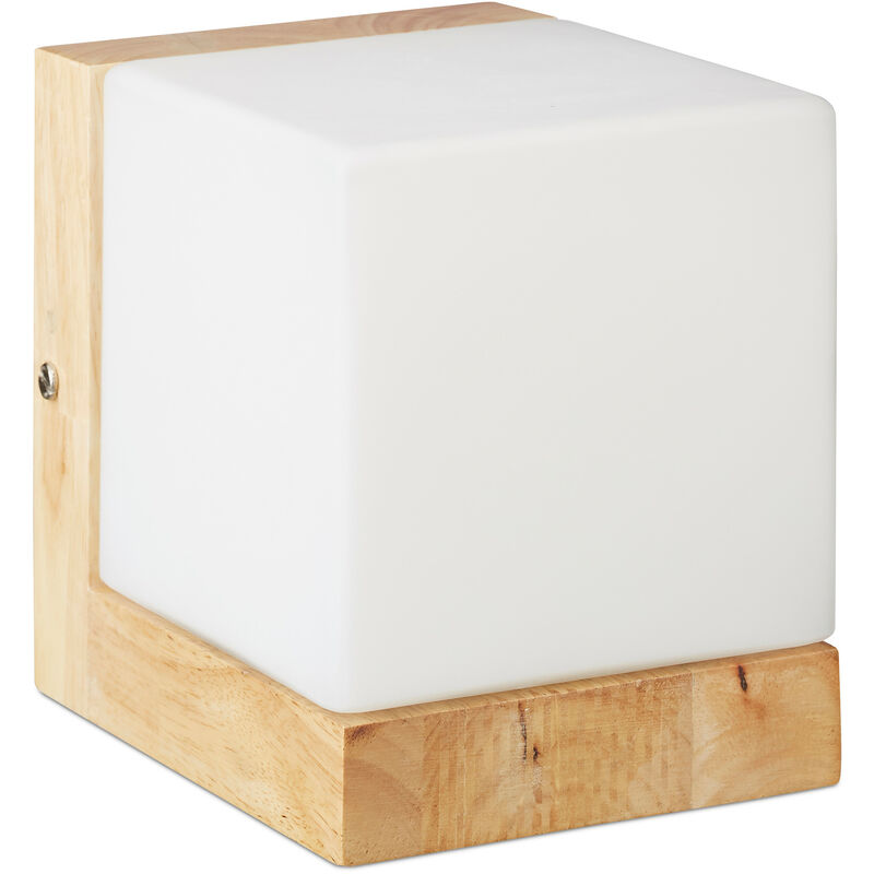Relaxdays Cube Wall Lamp, Warm Wall Lighting, E27, Frosted Glass, Wood, 1-Spot, HWD: 15x12x15 cm, White/Natural