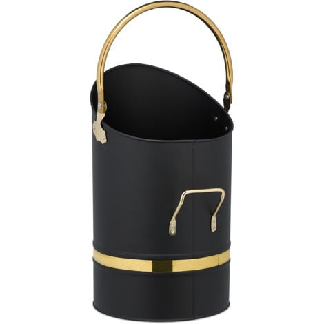Relaxdays Cubo de Carbón 12 L, Hierro, Recipiente Pellets con 2 Asas, Recogedor Cenizas Chimenea, Metal, Negro/Dorado