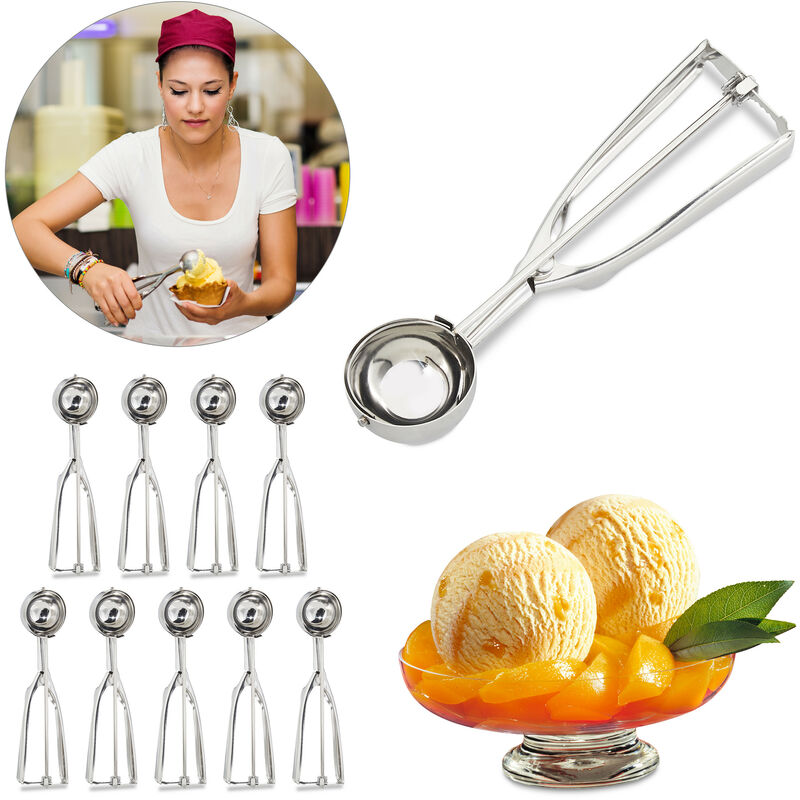 Relaxdays - 10 Cucharas Helado Disparador para Bolas Grandes de Helado, Fruta y Masa Galletas, Acero inoxidable, Plateado, ∅ 53 mm