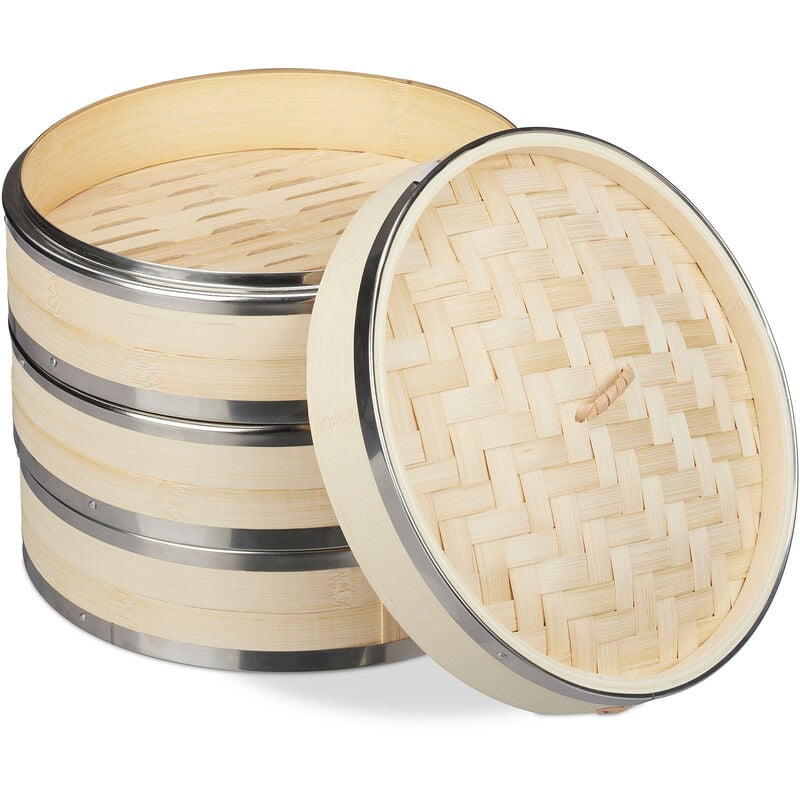Relaxdays Cuiseur vapeur bambou, 3 niveaux, anneaux en métal, panier asiatique, riz, dimsum, légumes, Ø 24 cm, nature