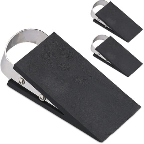 Relaxdays Cuneo Fermaporta in Set da 3, Blocca Porte Pavimento, in Gomma e Acciaio Inox, 3 x 5 x 11,5 cm, Nero Argento