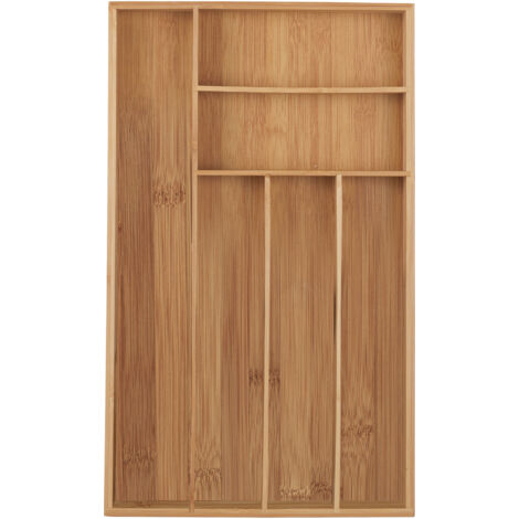 Relaxdays Cutlery Tray, 6 Compartments, Bamboo, 5 x 27.5 x 46 cm, Narrow Kitchen Drawer Insert for Utensils, Natural