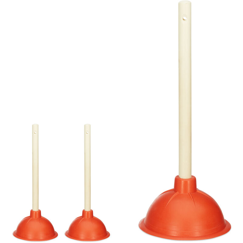Relaxdays - Déboucheur à ventouse, lot de 3, cloche aspirante caoutchouc, tige bois amovible, toilette, douche, 30 cm, rouge/nature