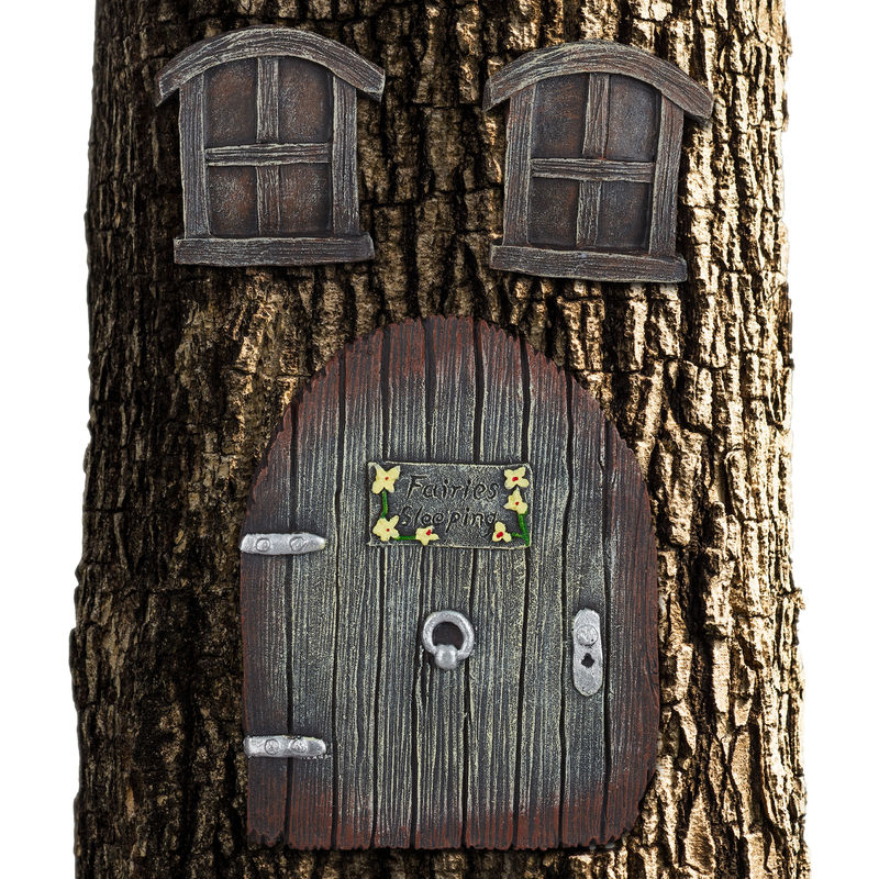 Décoration pour tronc d'arbre, maison de lutins, elfes, fées, déco de jardin féerique, porte, fenêtres, marron - Relaxdays