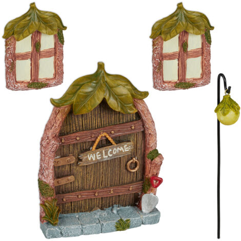 Relaxdays Decoración Árbol Puerta Hadas, Set de 4 Piezas, 2 Ventanas, 1 Farol, Resistente a la Intemperie, Multicolor