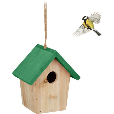 Relaxdays Decorative Birdhouse, Wood, Hanging Bird Box, 16 x 15 x 11 cm, Nest, Garden, Patio & Balcony, Natural/Green