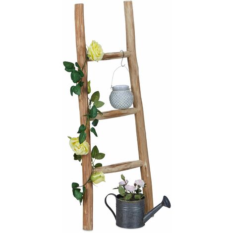 Relaxdays Decorative Ladder, 90 cm Tall, Garden Decor, 3 Rungs, Chestnut Wood, Handmade, Towel & Clothing Rack, Natural
