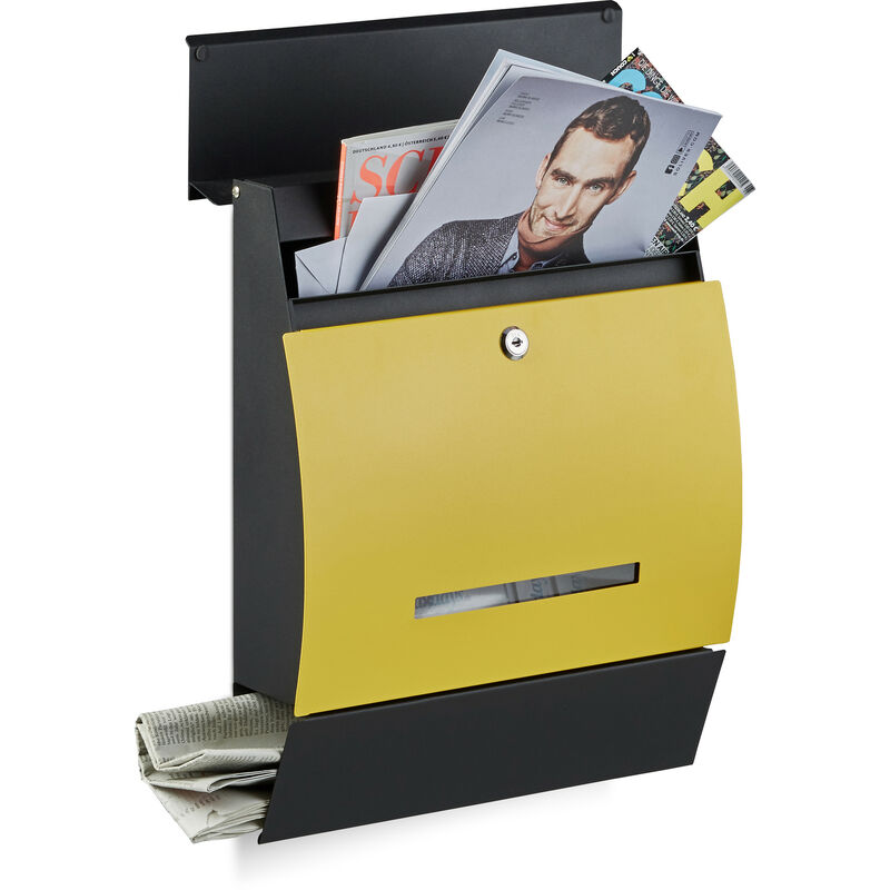 Design Letterbox with Newspaper Slot, Powdercoated, HxWxD: 45 x 35 x 11 cm, Wall-Mount Mailbox, Black-Yellow - Relaxdays