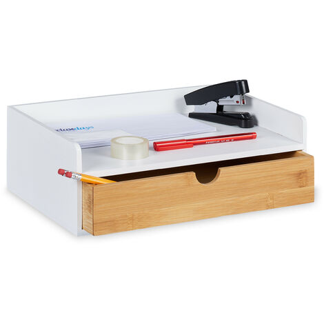 Relaxdays Desk Organiser, 1 Drawer, DIN A4 Shelf, Bamboo, HxWxD: 11 x 32 x 22 cm, Office Organiser, White/Natural
