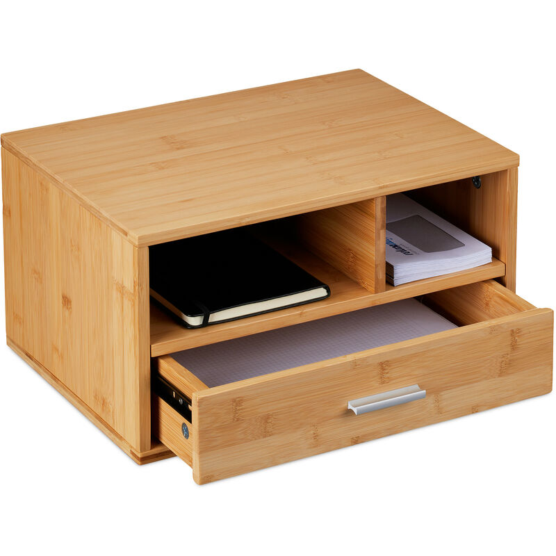 Desk Organiser, 2 Compartments & 1 Drawer, HxWxD: 22 x 40 x 31 cm, Bamboo, Desktop Utensils Storage, Natural - Relaxdays