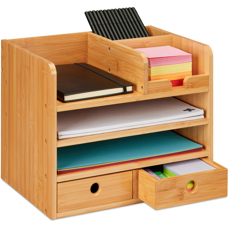 Desk Organiser, 2 Drawers, 5 Compartments, HxWxD: 26.5 x 33 x 24 cm, Bamboo, Office, Natural Wood - Relaxdays